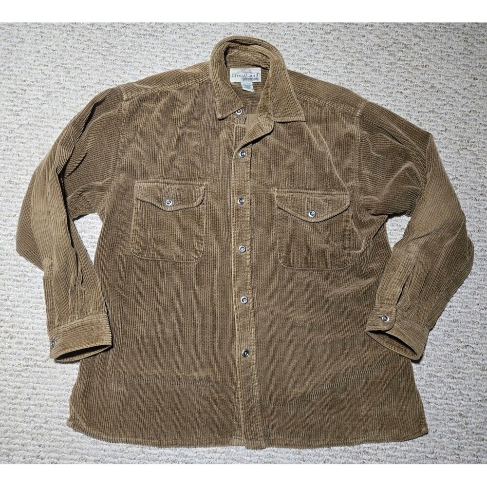 Vtg Greatland Corduroy Button Long Sleeve Shirt Men's Large Brown Tan overshirt